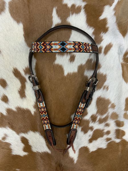 Showman Two Tone Argentina Cow Leather Browband Headstall with Aztec Beaded Inlays #2